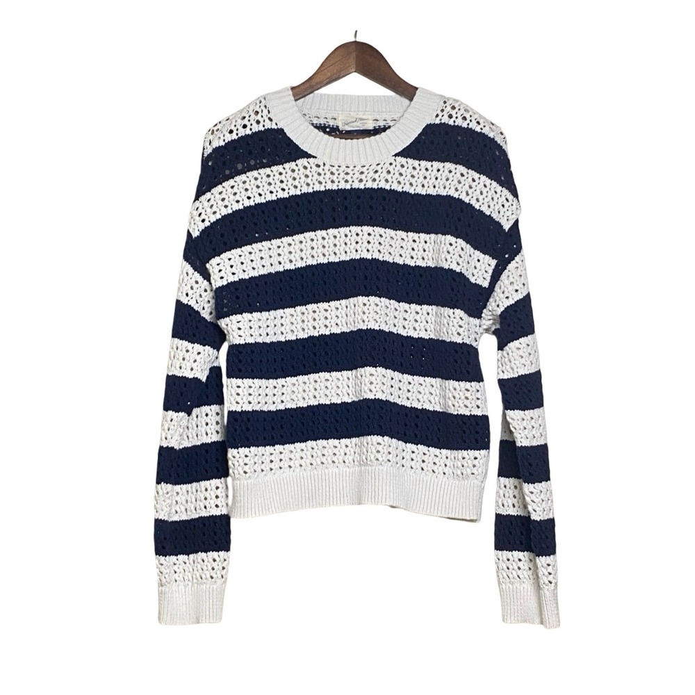 Universal Thread Women Sweater XL Blue White‎ Striped Crochet Open Knit Crewneck